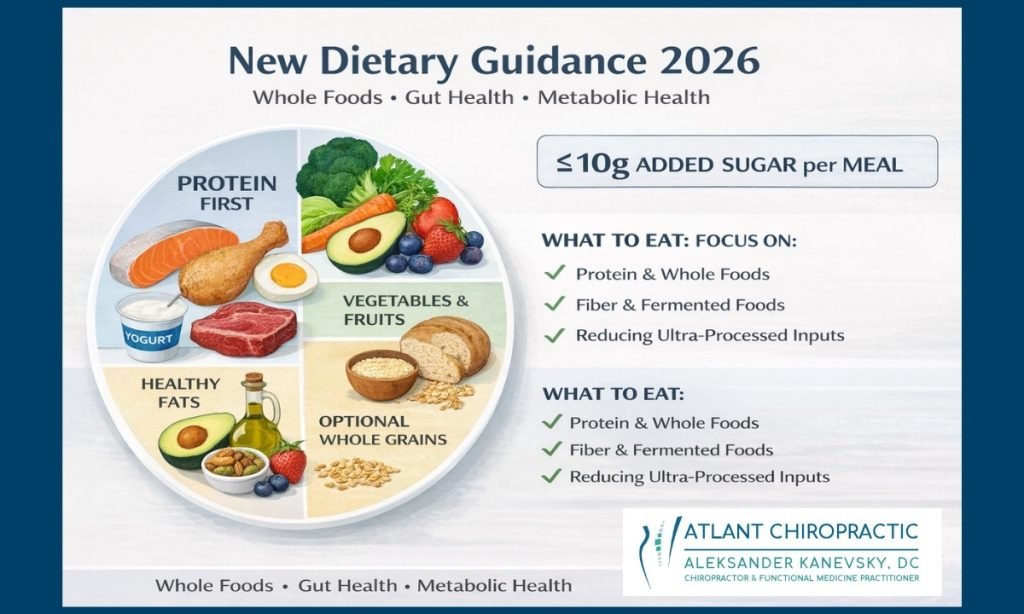 New Dietary Guidance 2026 visual: protein/dairy/healthy fats and vegetables/fruits emphasized over whole grains, alongside a table showing functional medicine alignment for blood sugar, inflammation, metabolic health, and gut health.