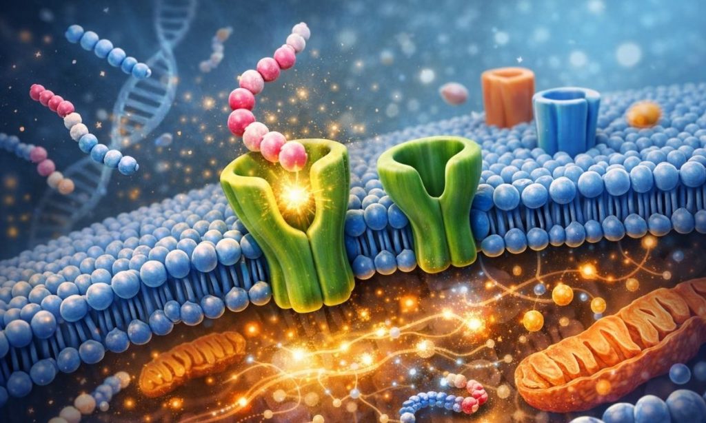 Illustration of peptide signaling molecules communicating with cell receptors to support metabolic health and healing. Learn more about peptides in New York City Functional Medicine practice