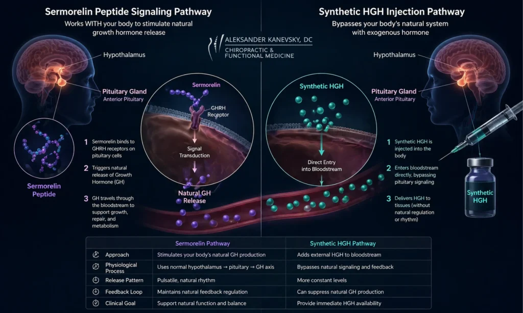 Illustrated comparison of sermorelin peptide signaling and synthetic HGH injection pathways in the pituitary gland, shown in a functional medicine education context for patients in New York City