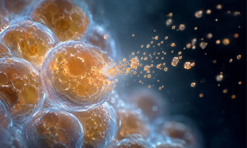 Illustration of fat cells releasing persistent organic pollutants during GLP-1 weight loss, with liver and lymphatic support overlay