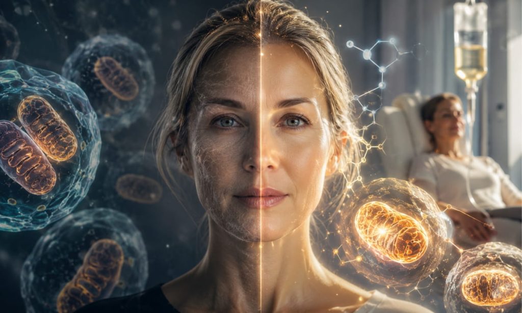 Illustrated comparison of NAD+ injection subcutaneous delivery versus oral NMN supplement absorption pathway, showing mitochondrial energy production and DNA repair in a functional medicine longevity context, New York City.