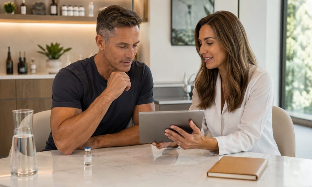 A fit adult in their 40s reviewing labs with a functional medicine practitioner, symbolizing proactive longevity planning with GLP-1 microdosing.