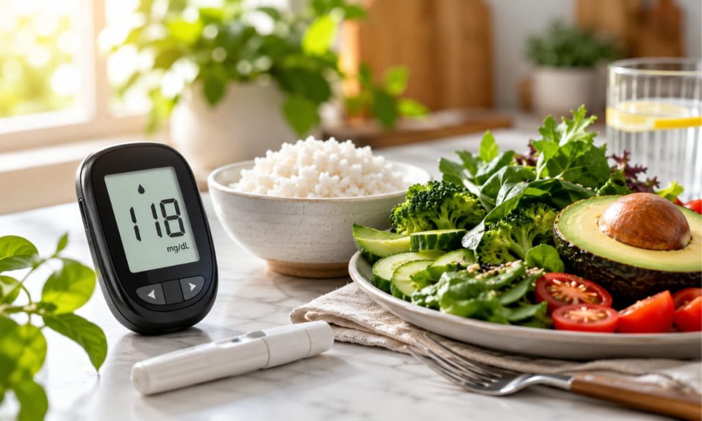 Close-up of a blood glucose meter, a bowl of white rice, and fresh vegetables on a kitchen table, representing the connection between diet, insulin resistance, and metabolic health.