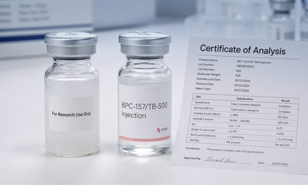 Side-by-side comparison of an unlabeled research peptide vial and a pharmacy-compounded prescription peptide vial illustrating quality and safety differences