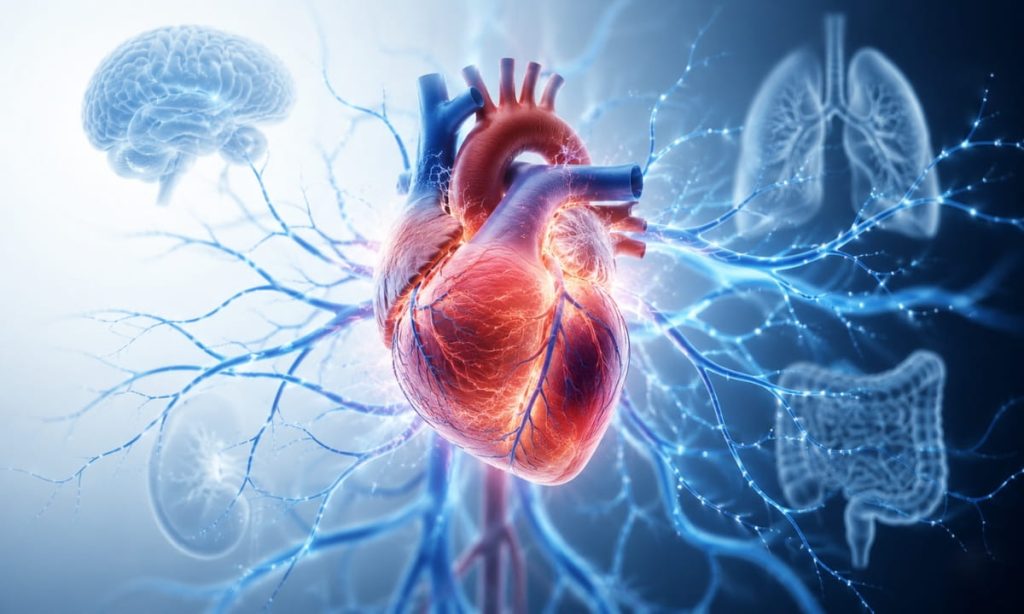 Illustration of a human heart connected to vascular pathways, representing GLP-1 heart health benefits beyond weight loss