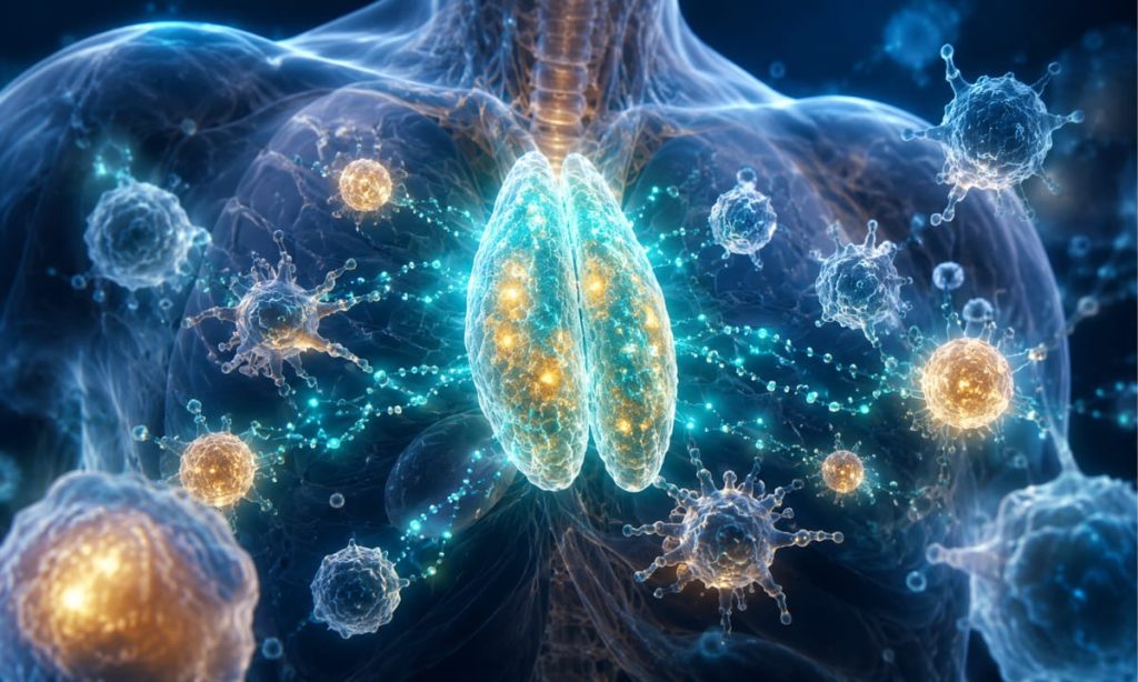 Illustrated diagram of thymosin alpha-1 peptide activating T-cell maturation and immune regulation through the thymus gland, shown in a functional medicine educational context for immune support and long COVID recovery, New York City.