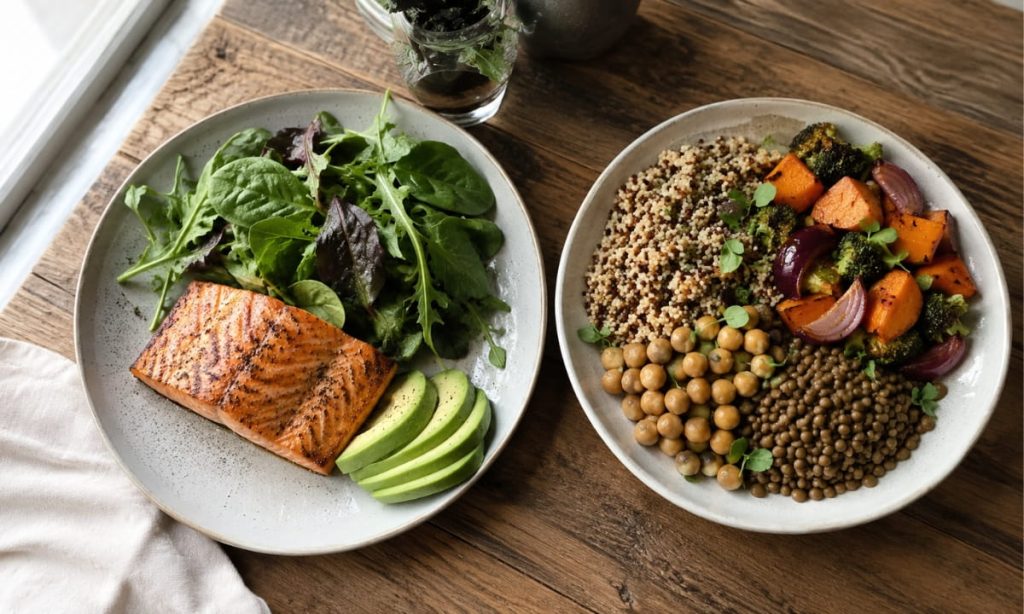 Plate divided into protein, fat, and carbohydrate portions representing a personalized metabolic type diet