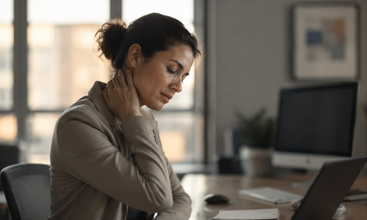 Office worker at a desk with forward head posture and visible tension at the base of the skull, illustrating the neck-related cause of afternoon desk headaches in Midtown East Manhattan NYC New York CIty