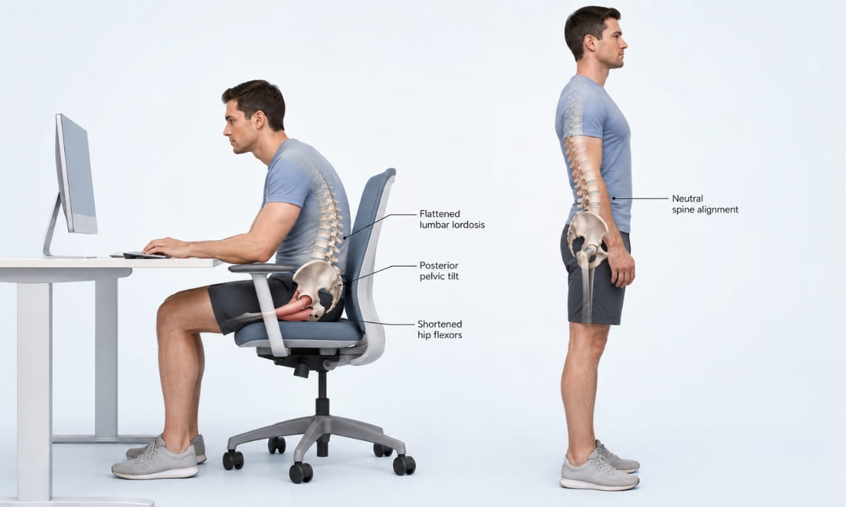 Office worker with visible posterior pelvic tilt and forward-flexed lumbar spine while seated at a desk, illustrating sitting-related low back pain