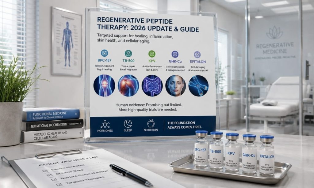 Glass vials and a syringe representing regenerative peptide therapy in a clinical setting
