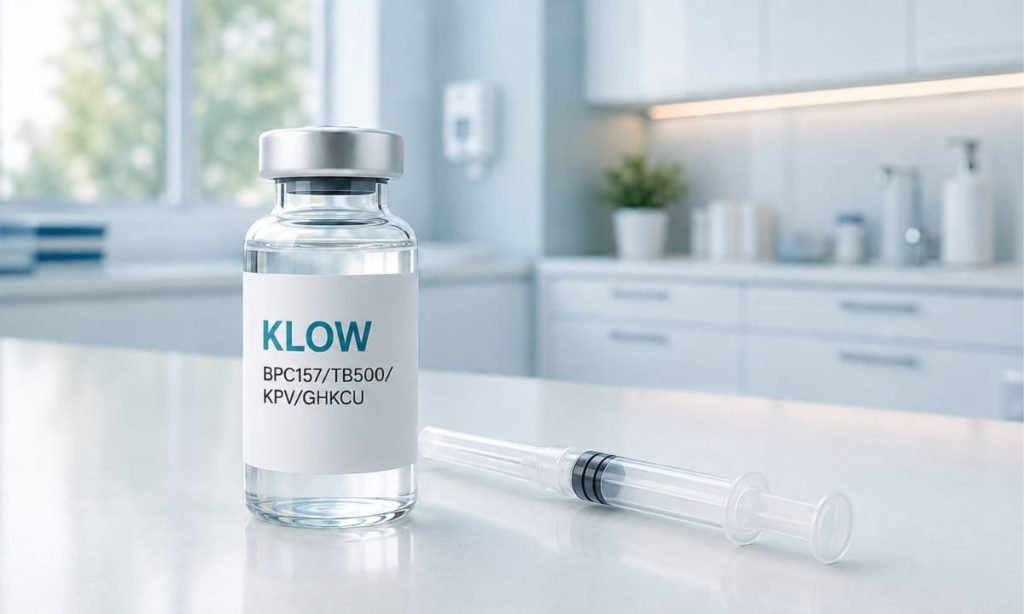 KLOW peptide blend vial representing the combination of BPC-157, TB-500, KPV, and GHK-Cu used in tissue repair and recovery protocols