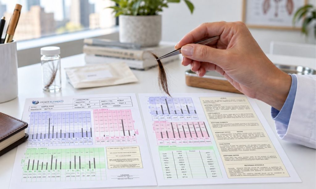 Practitioner holding a small hair sample beside a hair tissue mineral analysis report on a desk in a clinical office