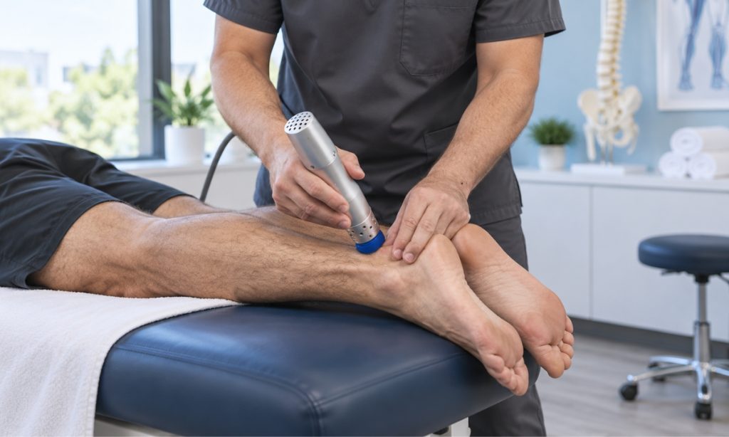 Chiropractor administering radial shockwave therapy for tendon pain on a patient's heel in a Midtown Manhattan clinic